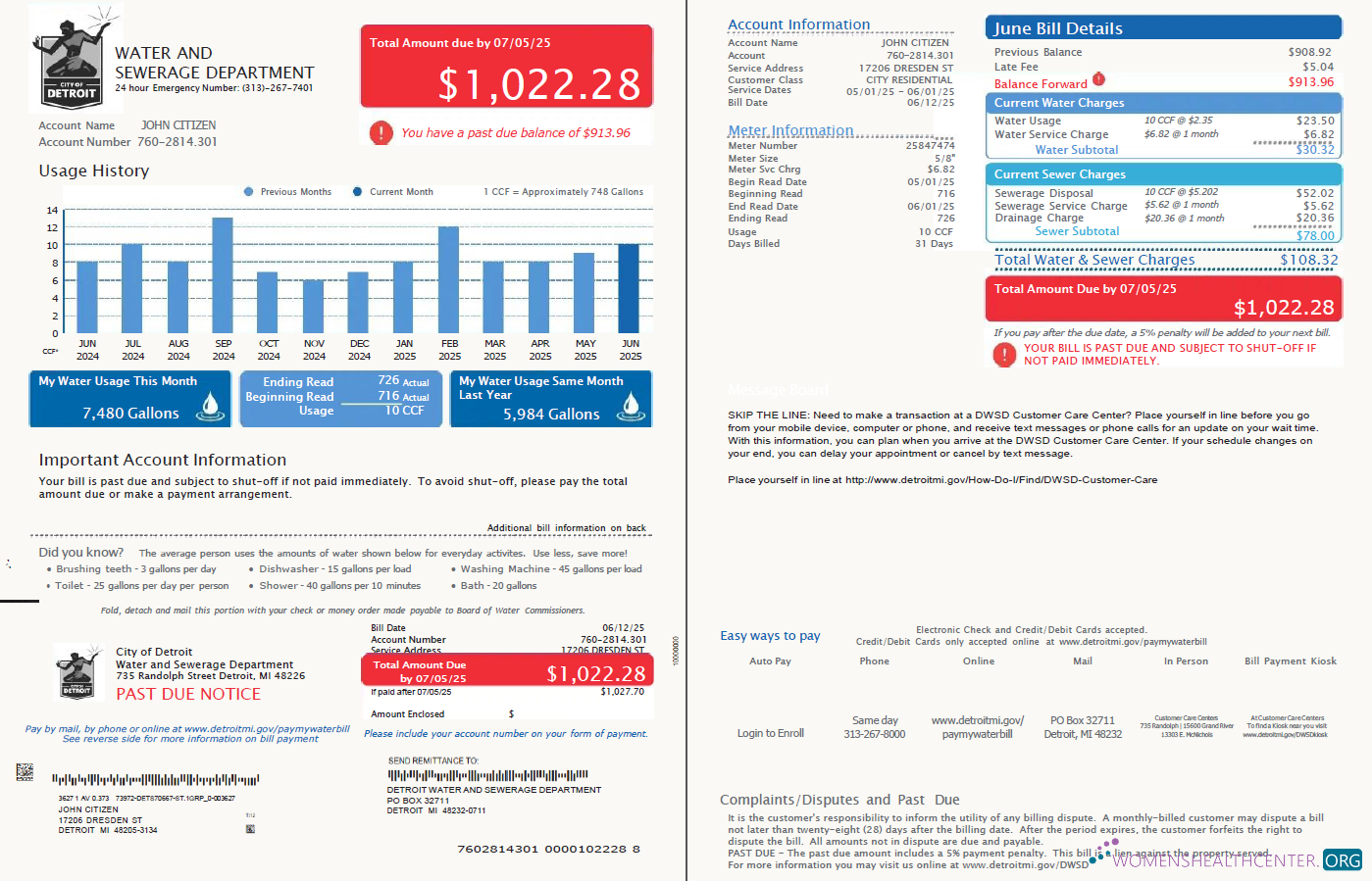 USA Detroit Water and Sewerage Department utility bill template in Word and PDF formats, 2 pages, version 4